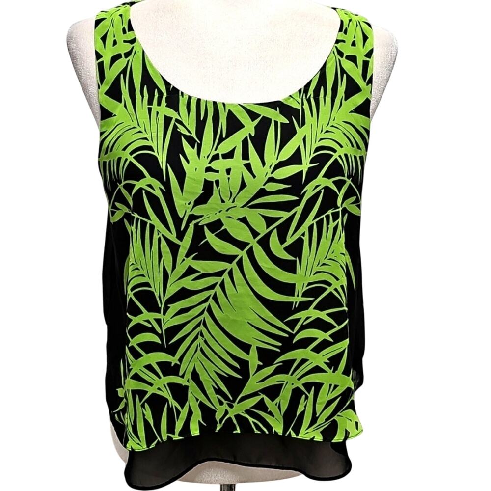 Bisou Bisou Michele Bohbot Womens Black Neon Green Tropical Sheer Lined Top M